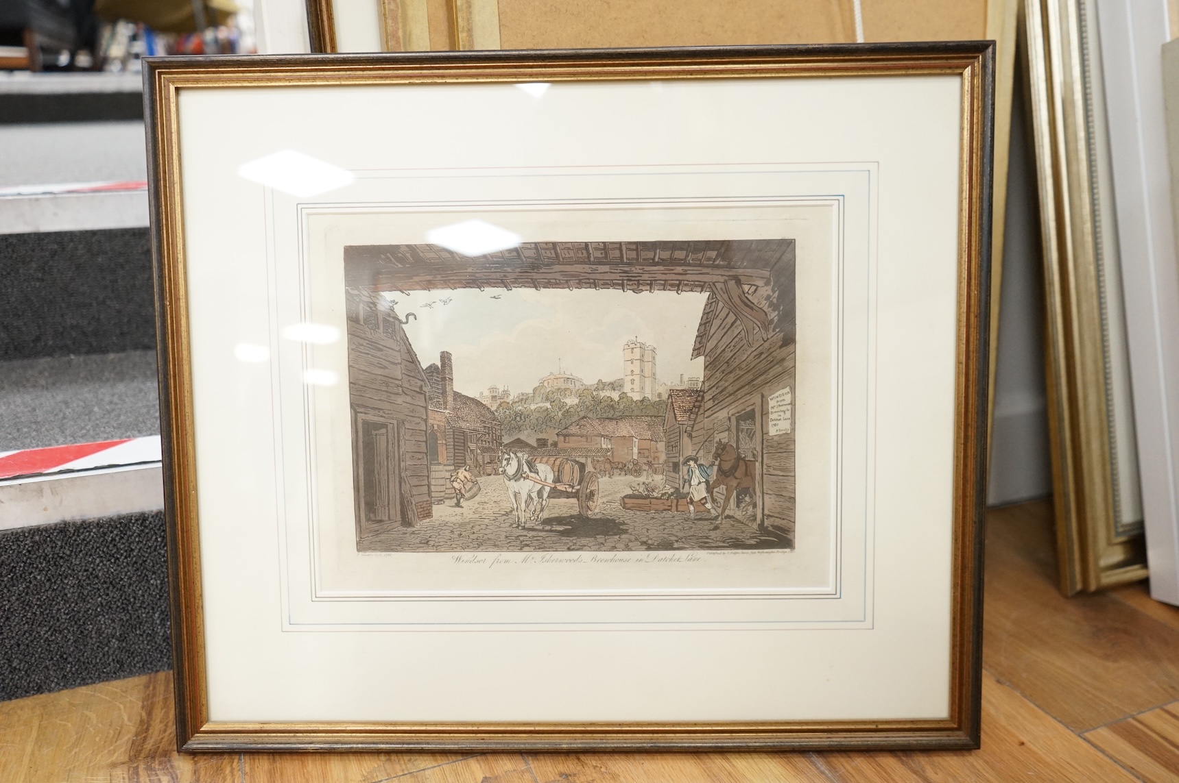 After Paul Sandby RA (1731-1809), Views of Windsor Castle and Windsor to include ‘Gate Under Queen Elizabeth’s Picture Gallery’, publ. T. Palfer, 1812, set of six colour engravings, 22 x 30cm